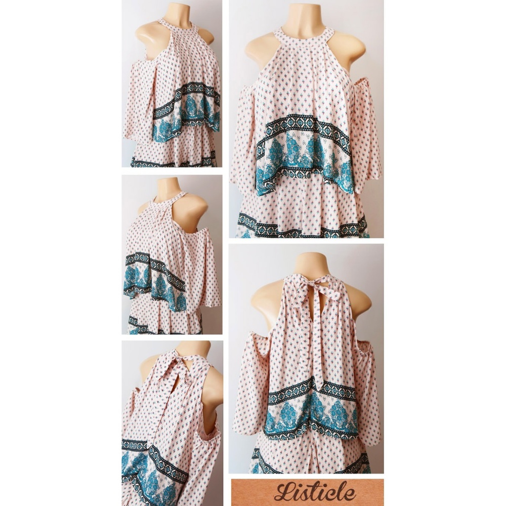 Taupe Pink Mock Neck Cold Shoulder Pleated Romper - Picture 3 of 8